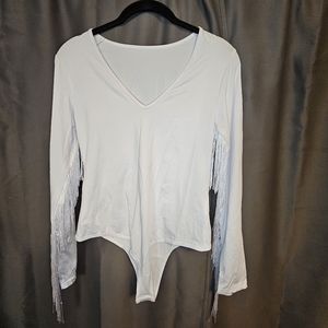 Large White Fringe Western Boho Festival Bodysuit